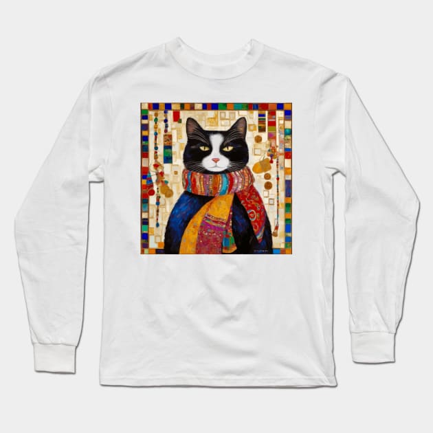 Gustav Klimt Style Tuxedo Cat with Colorful Scarf Long Sleeve T-Shirt by bragova